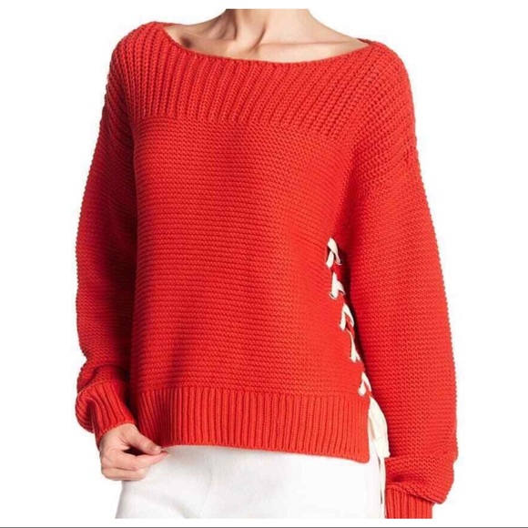 NEW 360SWEATER RED BOATNECK LACE-UP SWEATER - Picture 4 of 7